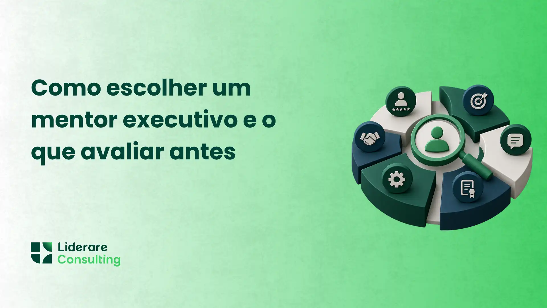 Imagem com fundo verde e texto “Como escolher um mentor executivo e o que avaliar antes”, com ícones corporativos ao lado que representam orientação, metas e avaliação, da Liderare Consulting.
