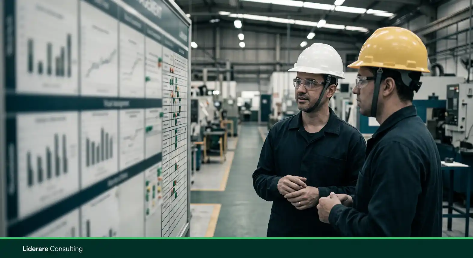Engenheiros em uma fábrica discutem projetos enquanto analisam gráficos e relatórios em painéis de dados na planta industrial, usando capacetes de segurança