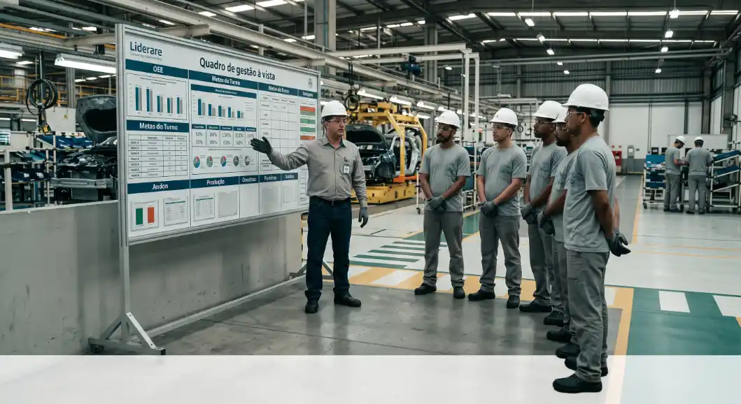 Equipe de funcionários em uma fábrica, em frente a um painel de gestão à vista com dados de produção e indicadores na área de montagem, com veículos e maquinário ao fundo.