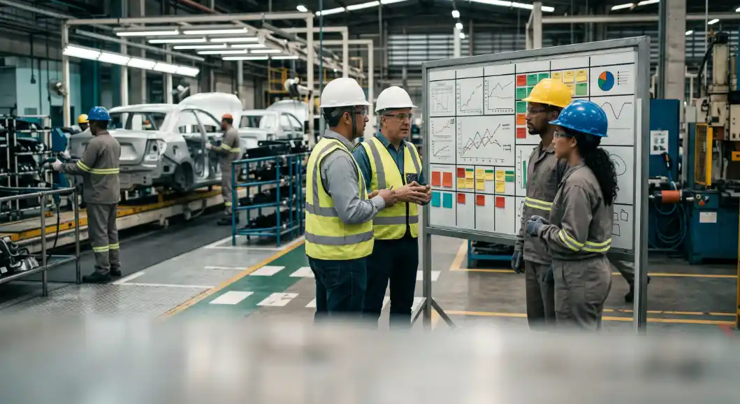 Engenheiros e técnicos de capacete e colete de segurança conversam em uma fábrica, analisando um grande painel de indicadores e gráficos ao lado de uma linha de montagem com carros em produção.