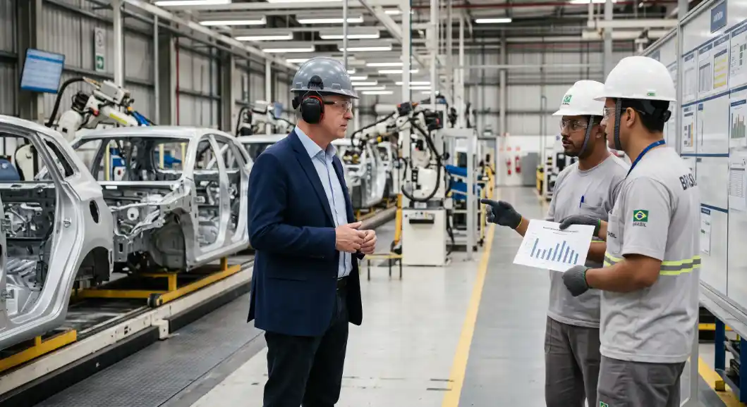 Engenheiros e gestores em linha de produção automotiva em fábrica industrial, com carro em montagem, capacetes de segurança e discussão sobre gráficos de desempenho.