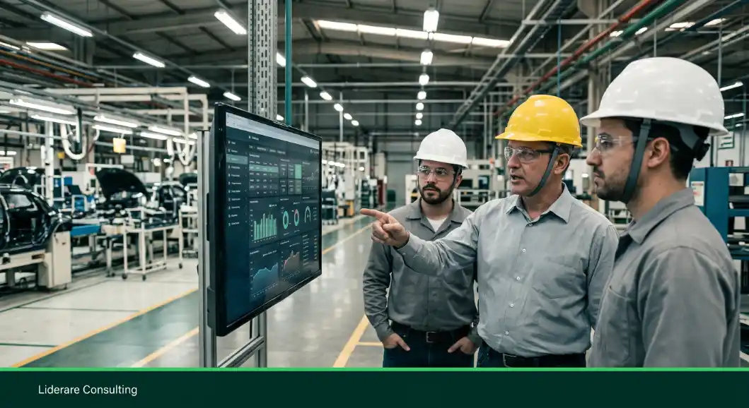 Engenheiro e equipe técnica em fábrica industrial monitoram dados em uma tela com gráficos, enquanto usam capacetes de segurança e observam o processo de produção.