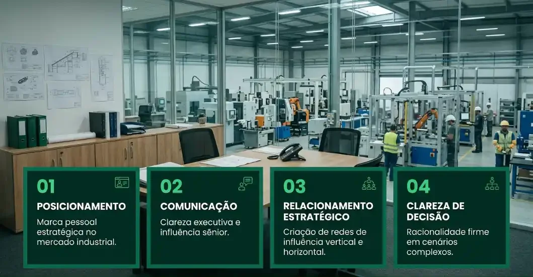 Imagem de uma fábrica moderna e, em primeiro plano, quatro cards com os textos “01 POSICIONAMENTO”, “02 COMUNICAÇÃO”, “03 RELACIONAMENTO ESTRATÉGICO” e “04 CLAREZA DE DECISÃO”.