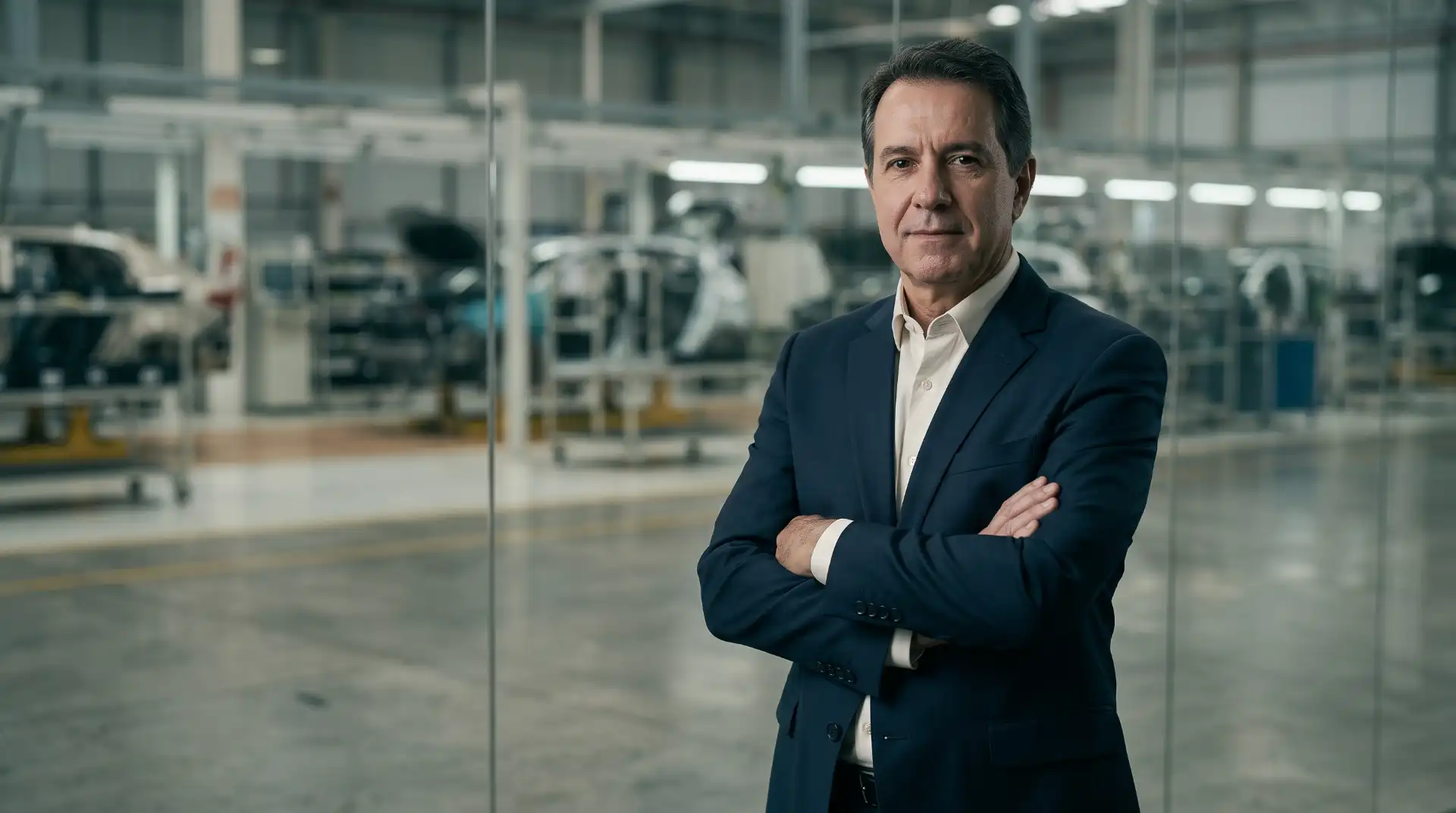 Homem de terno azul em uma fábrica moderna, em um ambiente industrial com máquinas ao fundo e olhar confiante para a câmera, em plano médio