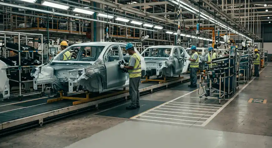 Linha de produção industrial em fábrica automotiva, com carros em montagem sobre esteiras e trabalhadores usando uniformes e capacetes ao lado de peças e ferramentas.