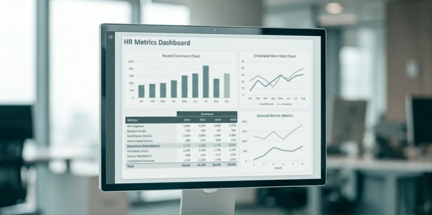 Tela de monitor em ambiente corporativo exibindo dashboard de RH com gráficos e métricas de desempenho, dados de funcionários e indicadores.