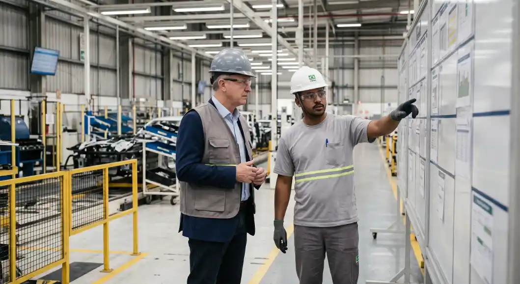 Trabalhadores em fábrica observam um painel de controle, enquanto um encarregado aponta informações na linha de produção. Foto em ambiente industrial com equipamentos ao fundo.