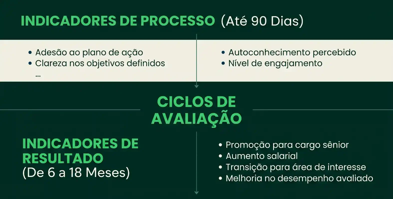 Infográfico em português com título “CICLOS DE AVALIAÇÃO”, destacando “INDICADORES DE PROCESSO (Até 90 Dias)”, “INDICADORES DE RESULTADO (De 6 a 18 Meses)” e itens como promoção para cargo sênior e aumento salarial.