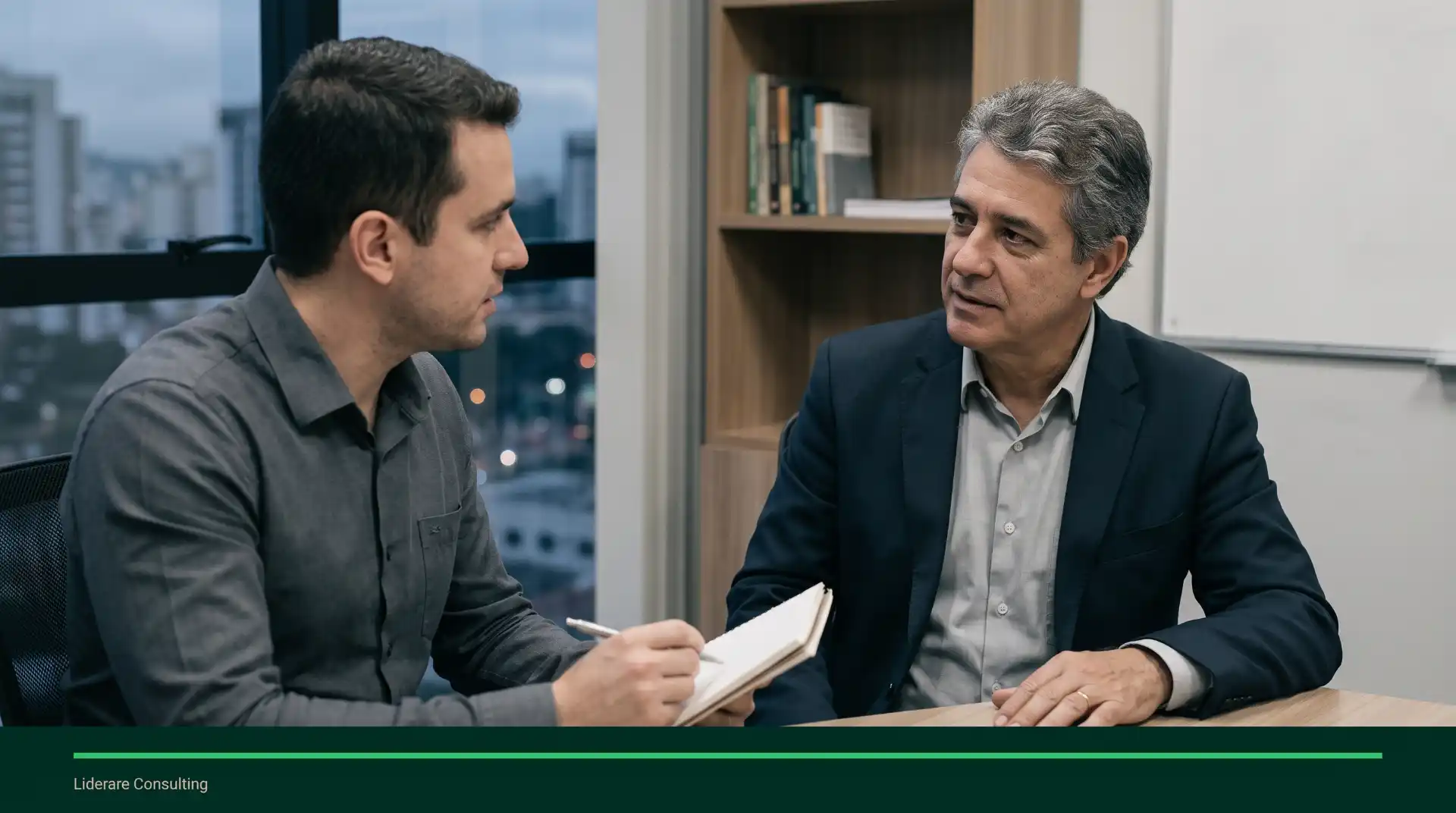 Dois homens em ambiente corporativo discutem em uma reunião, com um deles segurando um caderno, enquanto o outro se inclina para ouvir em um escritório com janela e estante ao fundo.