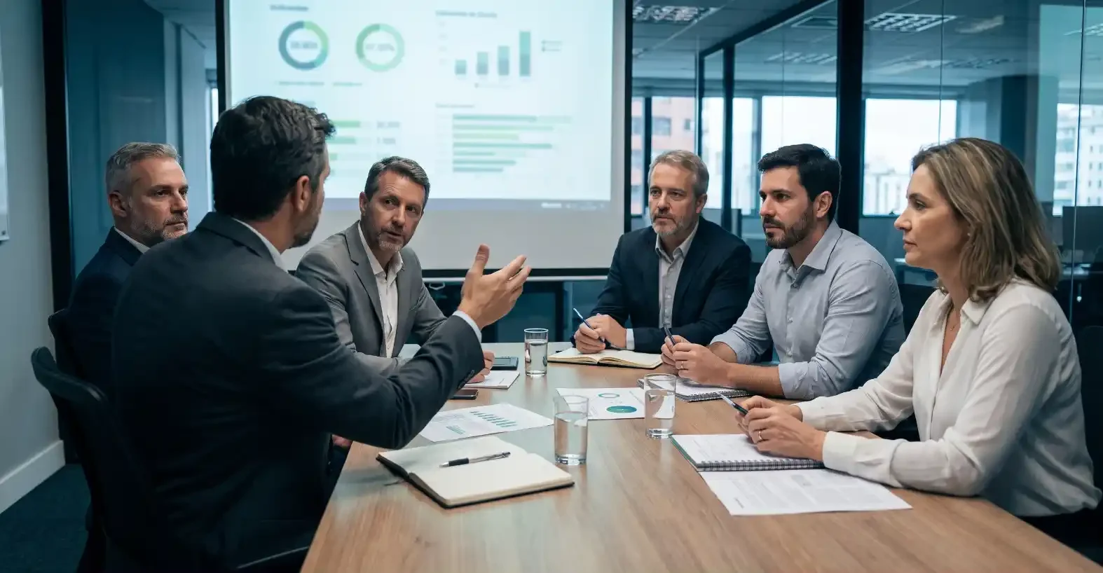 Reunião de equipe em sala corporativa com profissionais discutindo estratégias ao redor de uma mesa, com apresentação e gráficos em um telão ao fundo.