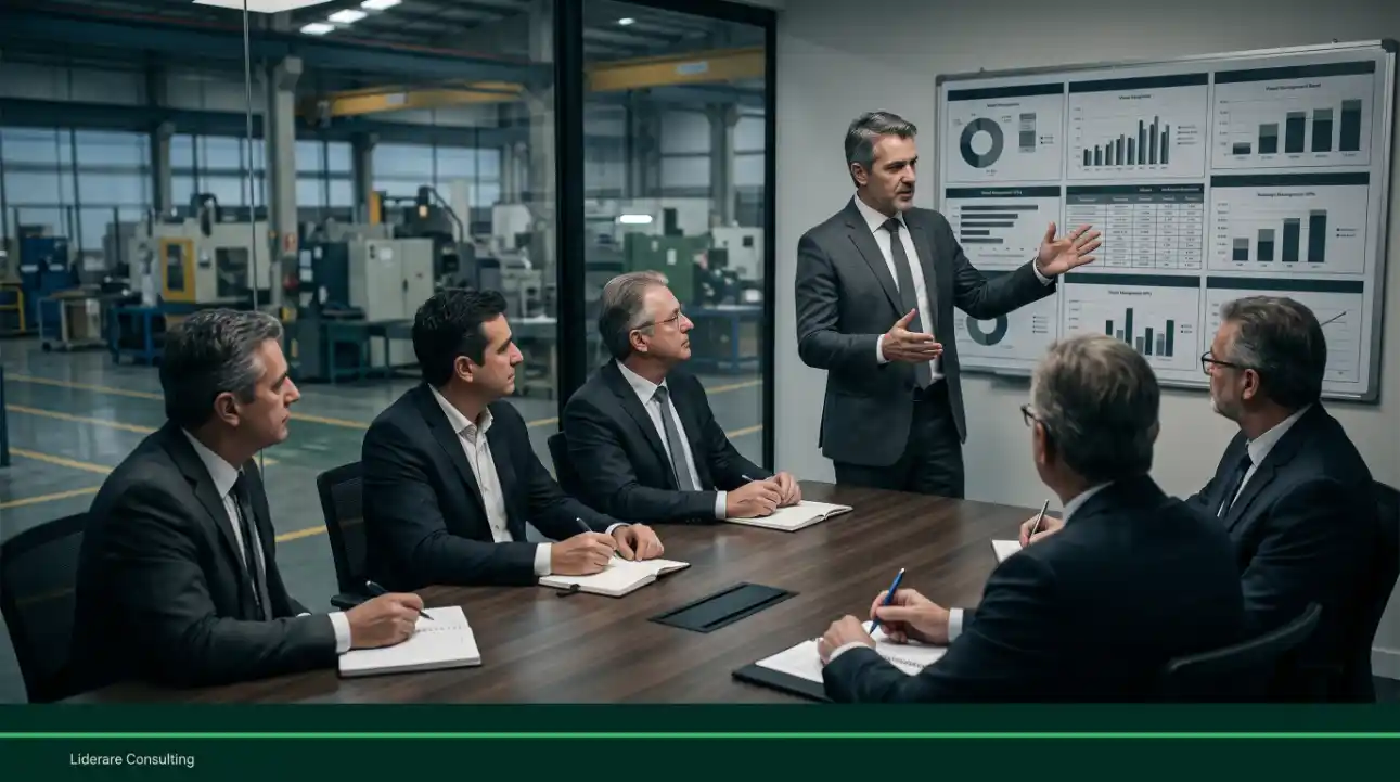 Reunião de negócios em escritório com grupo de executivos em torno de uma mesa, enquanto um homem em pé apresenta gráficos em um quadro com relatórios para tomada de decisões.