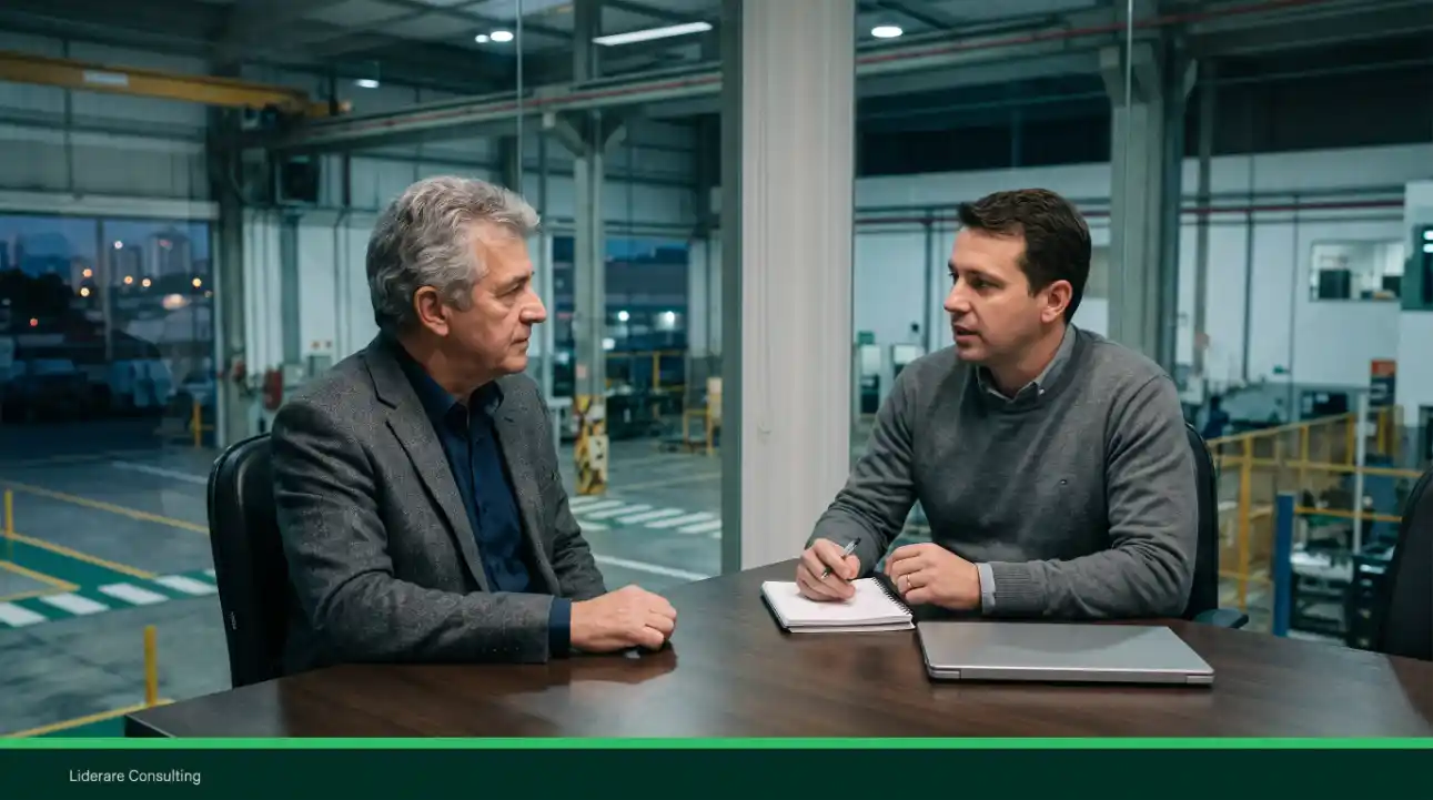 Dois homens conversam durante reunião de negócios em ambiente industrial, um deles mais velho com terno e o outro com roupa casual, ambos sentados diante de uma mesa com tablet e papéis.