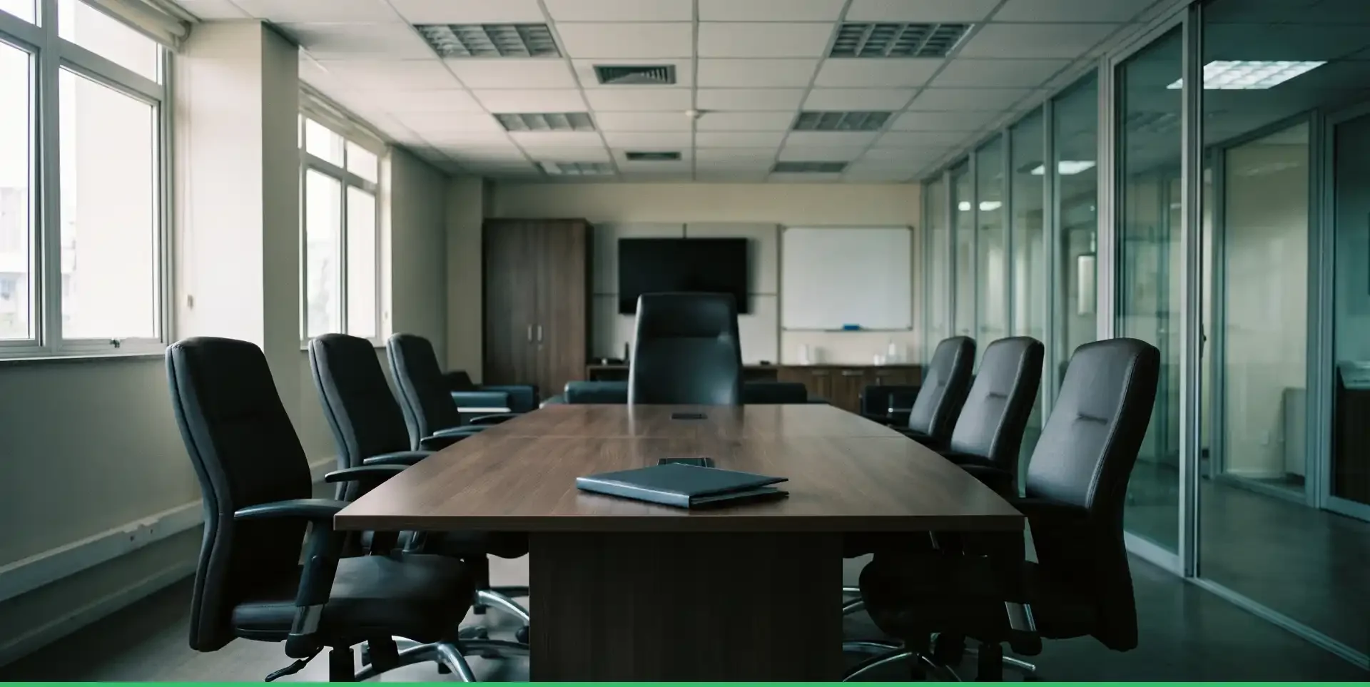 Sala de reuniões corporativa moderna com mesa grande de madeira, cadeiras estofadas pretas e equipamentos para apresentações, em escritório com paredes de vidro.