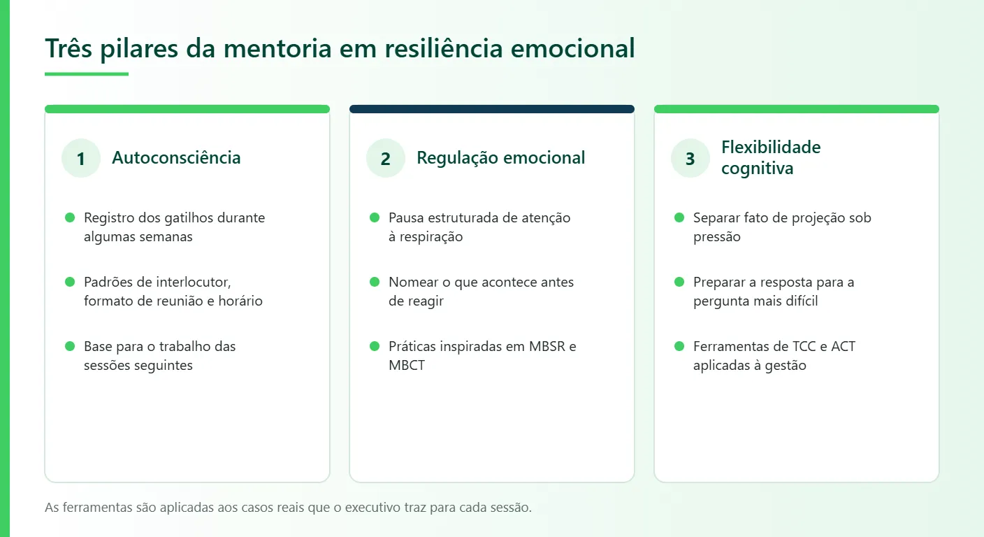 Liderare Consulting, três pilares da mentoria em resiliência emocional: autoconsciência, regulação emocional e flexibilidade cognitiva, com o que se treina em cada um.